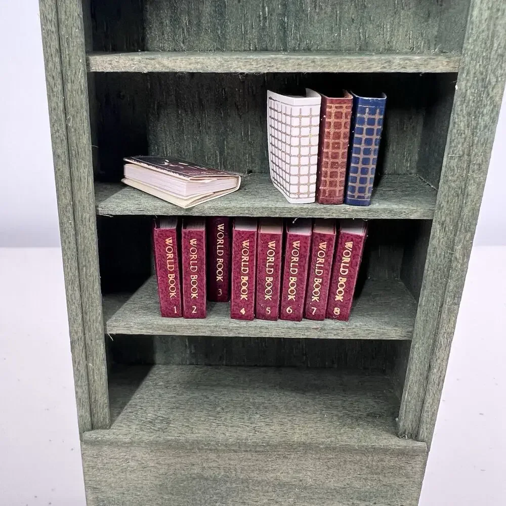Hand Painted Green Wooden Dollhouse Miniature Bookcase with Books 1:12 - Picture 2 of 5